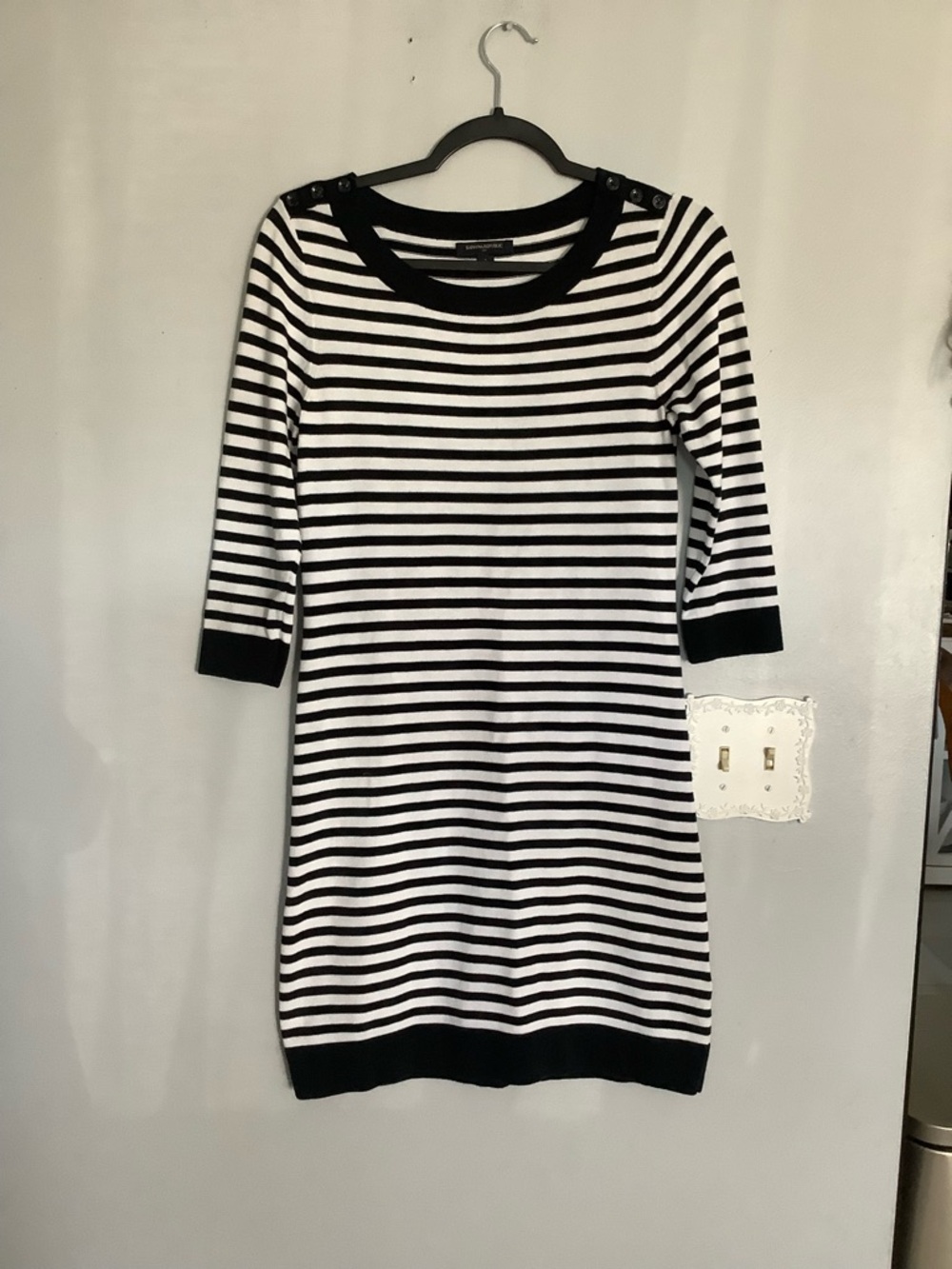 Banana Republic Black and White Striped 3/4 Sleeve Knit Dress